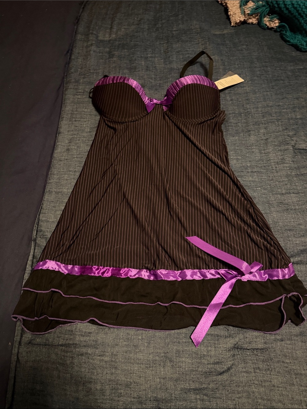 Black Chemise with Purple Satin Trim and Bow by